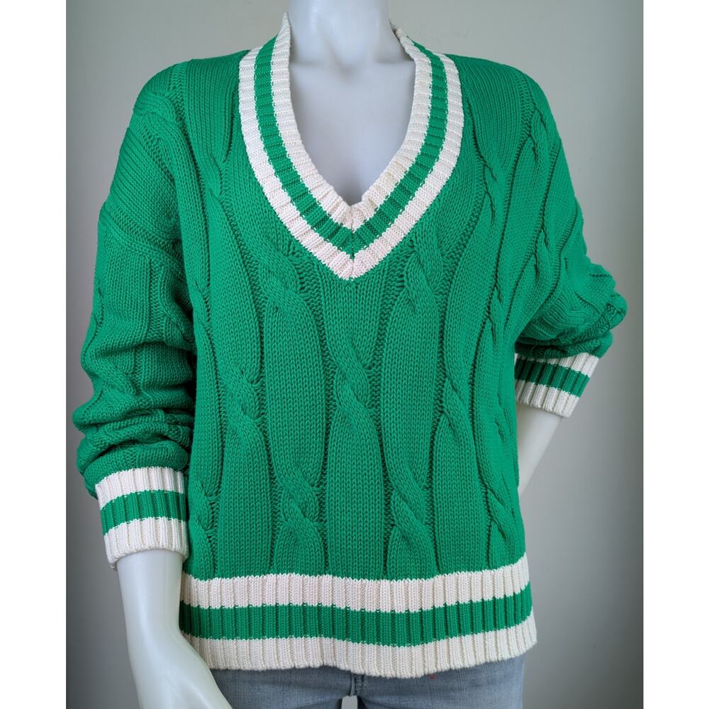 Aerie Cable Knit Sweater Medium Green White Striped V Neck Varsity Oversized - Picture 10 of 10